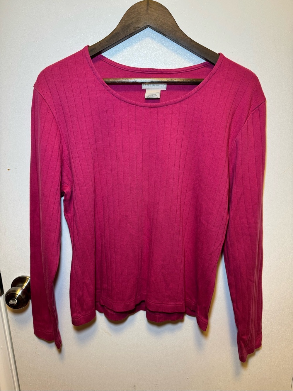 Long-Sleeve Ribbed Crewneck Top - Raspberry Pink Size Medium 100% Cotton